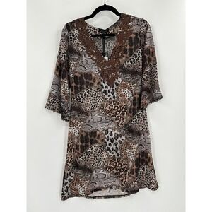 LV Collection Dress Womens 3XL Brown Animal Print Crochet Boho Tunic Sheer LV569